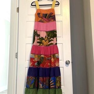 Farm Rio Rainbow Mixed Print Tiered Linen Maxi Dress XS Tropical Resort